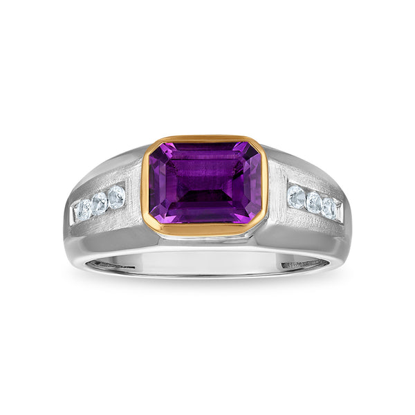 9X7MM Emerald Shape Amethyst and White Sapphire Ring in Sterling Silver and 10K Yellow Gold