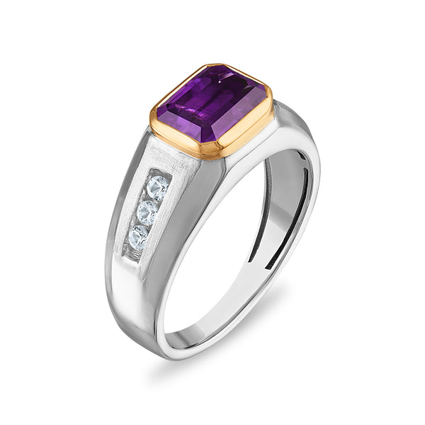 9X7MM Emerald Shape Amethyst and White Sapphire Ring in Sterling Silver and 10K Yellow Gold