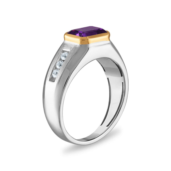 9X7MM Emerald Shape Amethyst and White Sapphire Ring in Sterling Silver and 10K Yellow Gold
