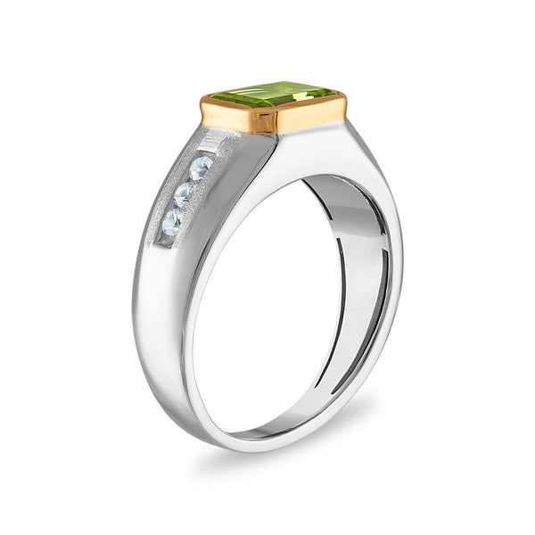 9X7MM Emerald Shape Peridot and White Sapphire Ring in Sterling Silver and 10K Yellow Gold
