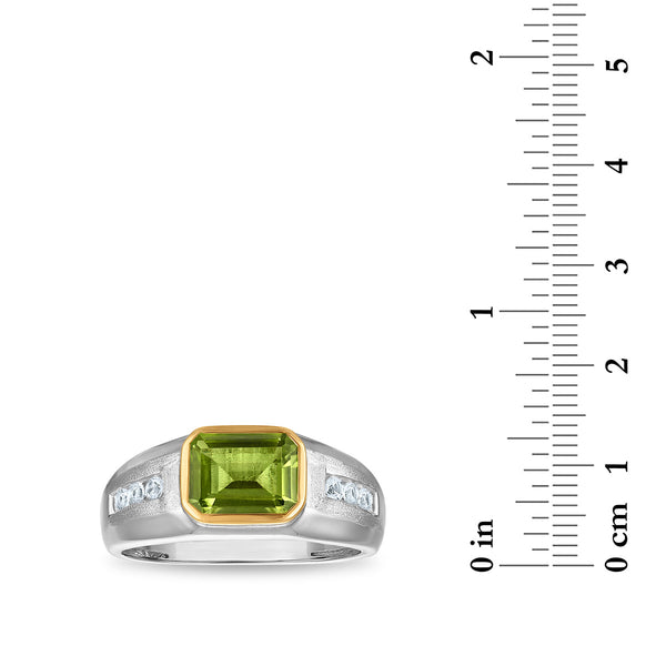 9X7MM Emerald Shape Peridot and White Sapphire Ring in Sterling Silver and 10K Yellow Gold