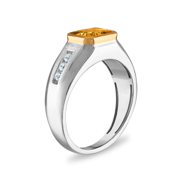 9X7MM Emerald Shape Citrine and White Sapphire Ring in Sterling Silver and 10K Yellow Gold
