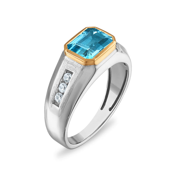 9X7MM Emerald Shape Blue Topaz and White Sapphire Ring in Sterling Silver and 10K Yellow Gold