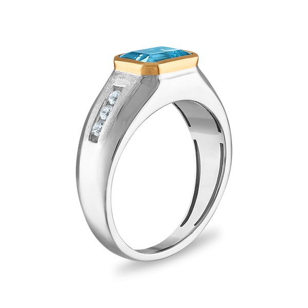 9X7MM Emerald Shape Blue Topaz and White Sapphire Ring in Sterling Silver and 10K Yellow Gold