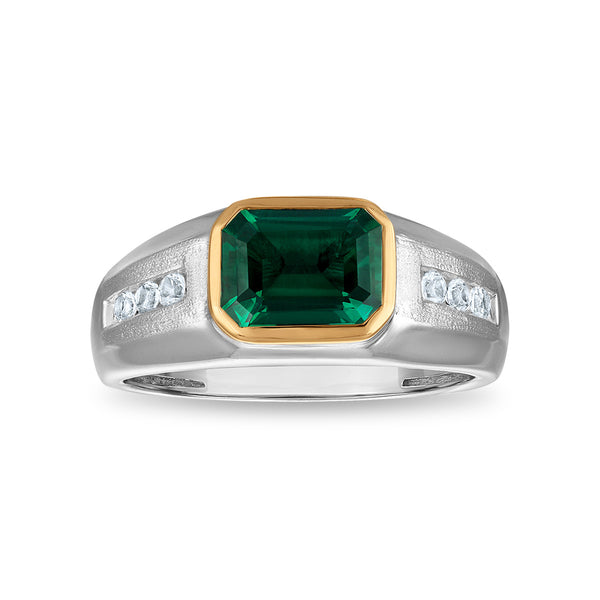 9X7MM Emerald Shape Created Emerald and White Sapphire Ring in Sterling Silver and 10K Yellow Gold