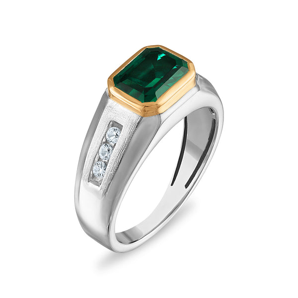9X7MM Emerald Shape Created Emerald and White Sapphire Ring in Sterling Silver and 10K Yellow Gold