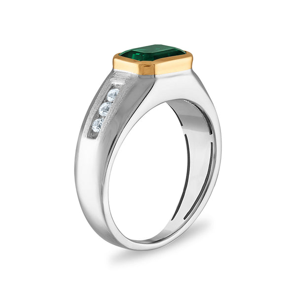 9X7MM Emerald Shape Created Emerald and White Sapphire Ring in Sterling Silver and 10K Yellow Gold