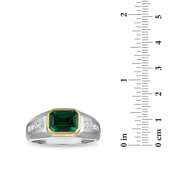 9X7MM Emerald Shape Created Emerald and White Sapphire Ring in Sterling Silver and 10K Yellow Gold