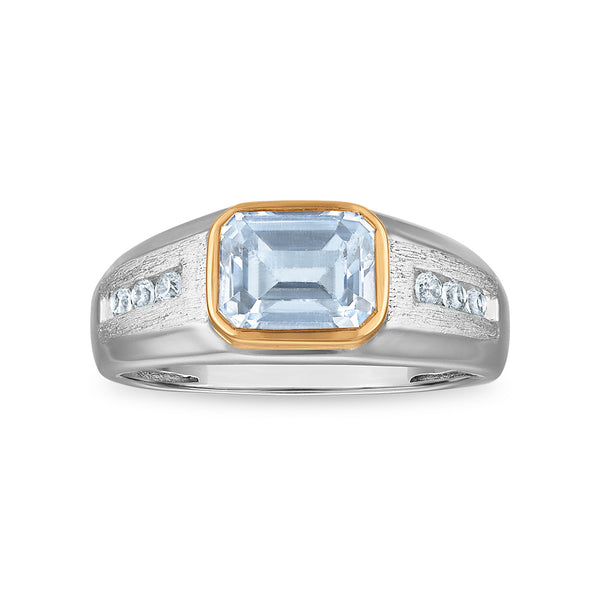 9X7MM Emerald Shape Aquamarine and White Sapphire Ring in Sterling Silver and 10K Yellow Gold