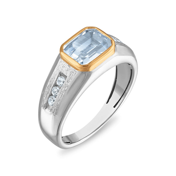 9X7MM Emerald Shape Aquamarine and White Sapphire Ring in Sterling Silver and 10K Yellow Gold