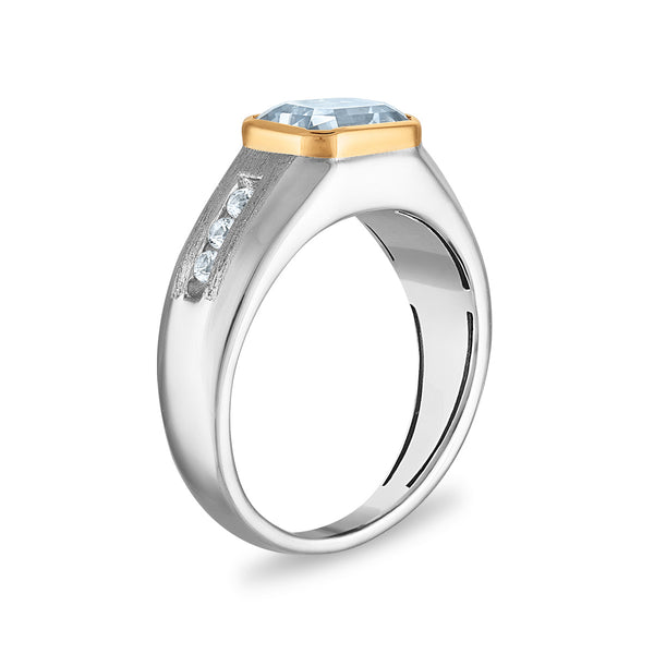 9X7MM Emerald Shape Aquamarine and White Sapphire Ring in Sterling Silver and 10K Yellow Gold