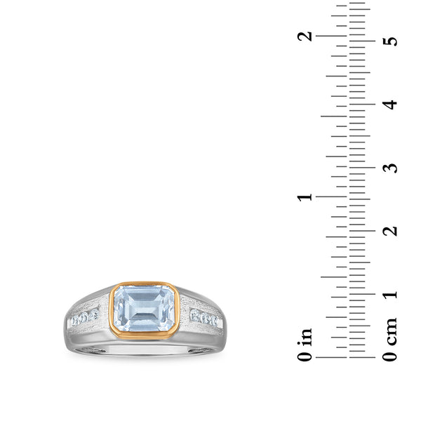 9X7MM Emerald Shape Aquamarine and White Sapphire Ring in Sterling Silver and 10K Yellow Gold