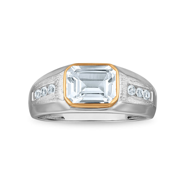 9X7MM Emerald Shape White Sapphire Ring in Sterling Silver and 10K Yellow Gold