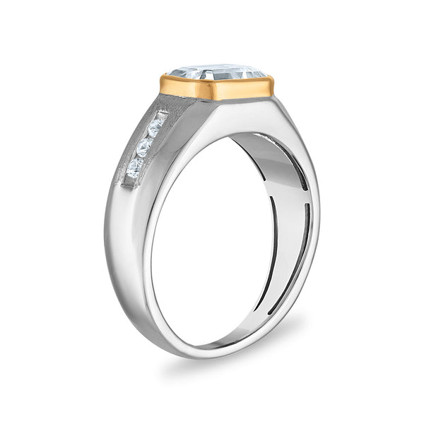 9X7MM Emerald Shape White Sapphire Ring in Sterling Silver and 10K Yellow Gold