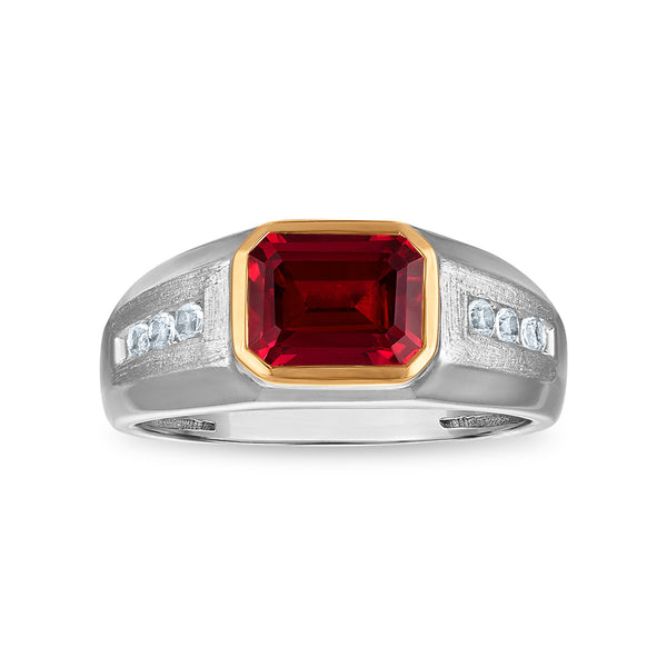 9X7MM Emerald Shape Ruby and White Sapphire Ring in Sterling Silver and 10K Yellow Gold