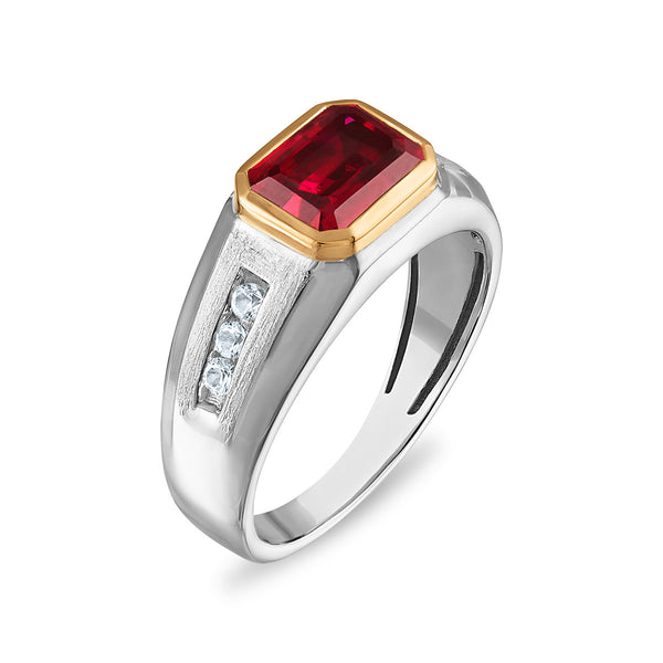 9X7MM Emerald Shape Ruby and White Sapphire Ring in Sterling Silver and 10K Yellow Gold