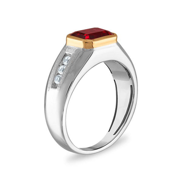 9X7MM Emerald Shape Ruby and White Sapphire Ring in Sterling Silver and 10K Yellow Gold