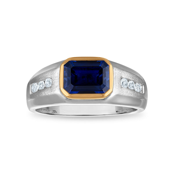 9X7MM Emerald Shape Blue and White Sapphire Ring in Sterling Silver and 10K Yellow Gold