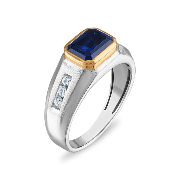 9X7MM Emerald Shape Blue and White Sapphire Ring in Sterling Silver and 10K Yellow Gold
