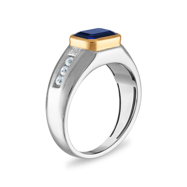 9X7MM Emerald Shape Blue and White Sapphire Ring in Sterling Silver and 10K Yellow Gold