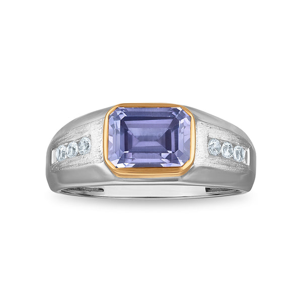 9X7MM Emerald Shape Alexandrite and White Sapphire Ring in Sterling Silver and 10K Yellow Gold