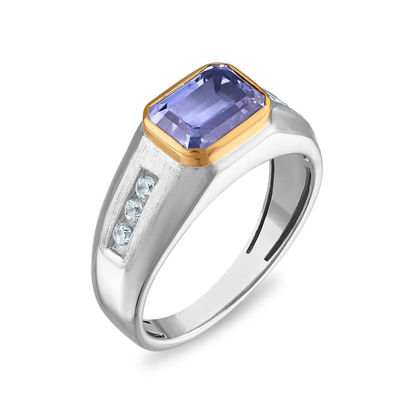 9X7MM Emerald Shape Alexandrite and White Sapphire Ring in Sterling Silver and 10K Yellow Gold
