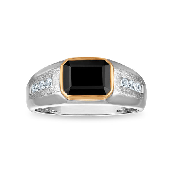9X7MM Emerald Shape Onyx and White Sapphire Ring in Sterling Silver and 10K Yellow Gold