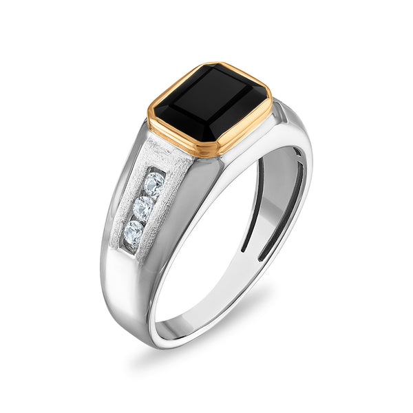 9X7MM Emerald Shape Onyx and White Sapphire Ring in Sterling Silver and 10K Yellow Gold