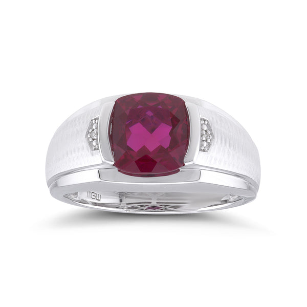 9MM Cushion Ruby and Natural Diamond Accent Ring in Sterling Silver