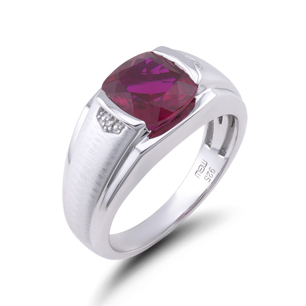 9MM Cushion Ruby and Natural Diamond Accent Ring in Sterling Silver