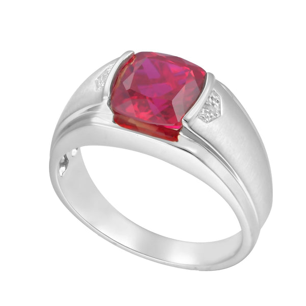 9MM Cushion Ruby and Natural Diamond Accent Ring in Sterling Silver