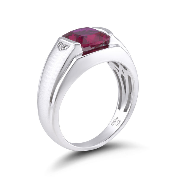 9MM Cushion Ruby and Natural Diamond Accent Ring in Sterling Silver