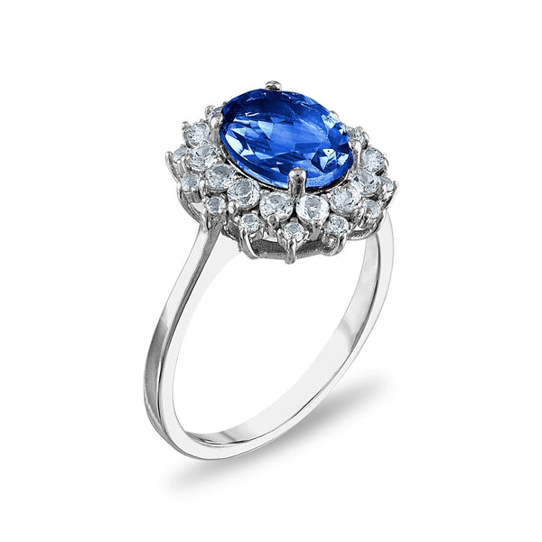 9X7MM Oval Blue Sapphire and White Sapphire Halo Ring in Sterling Silver