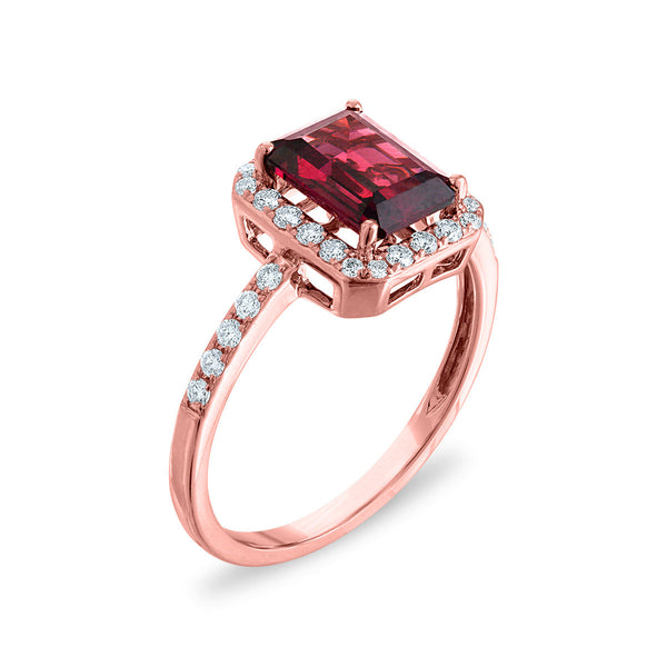 EFFY 8X6MM Emerald Shape Rhodolite Garnet and Diamond Halo Engagement Ring in 14KT Rose Gold