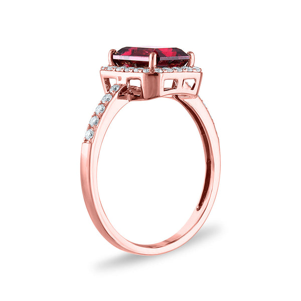 EFFY 8X6MM Emerald Shape Rhodolite Garnet and Diamond Halo Engagement Ring in 14KT Rose Gold