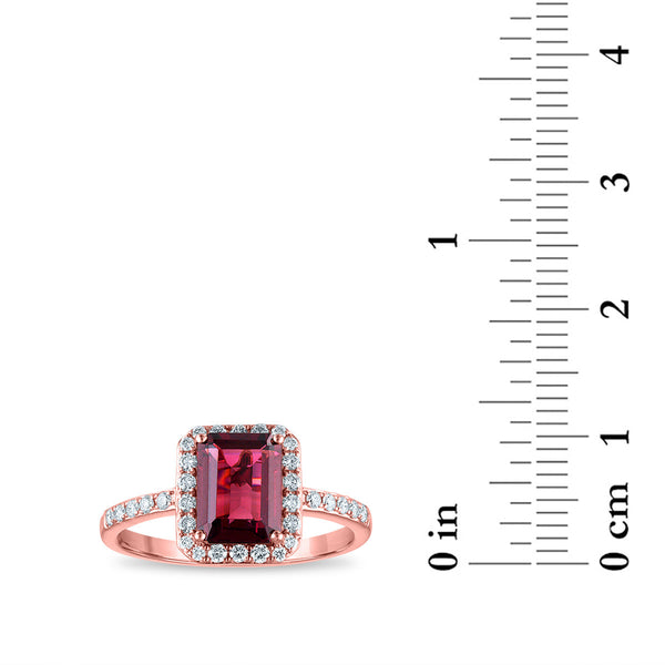 EFFY 8X6MM Emerald Shape Rhodolite Garnet and Diamond Halo Engagement Ring in 14KT Rose Gold