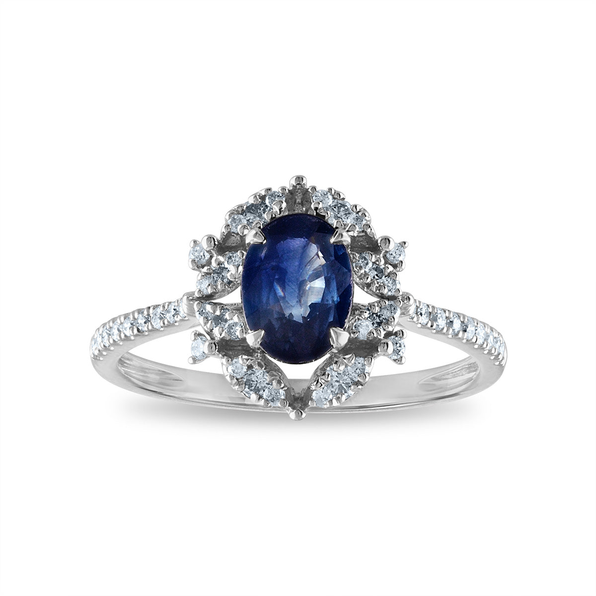 7X5MM Oval Sapphire and Diamond Halo Ring in 10KT White Gold