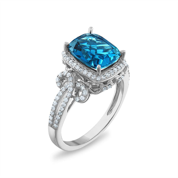 10X8MM Cushion London Blue Topaz and Diamond Ring in 10KT White Gold