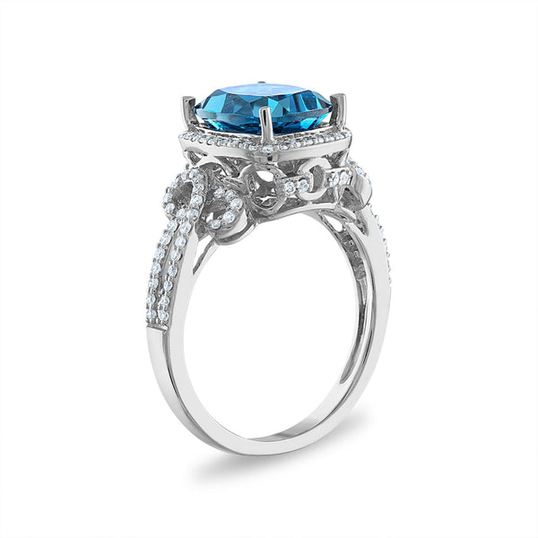 10X8MM Cushion London Blue Topaz and Diamond Ring in 10KT White Gold