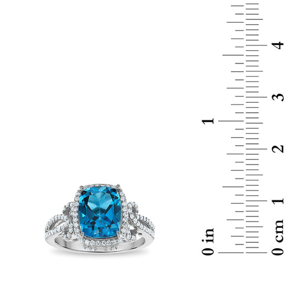 10X8MM Cushion London Blue Topaz and Diamond Ring in 10KT White Gold