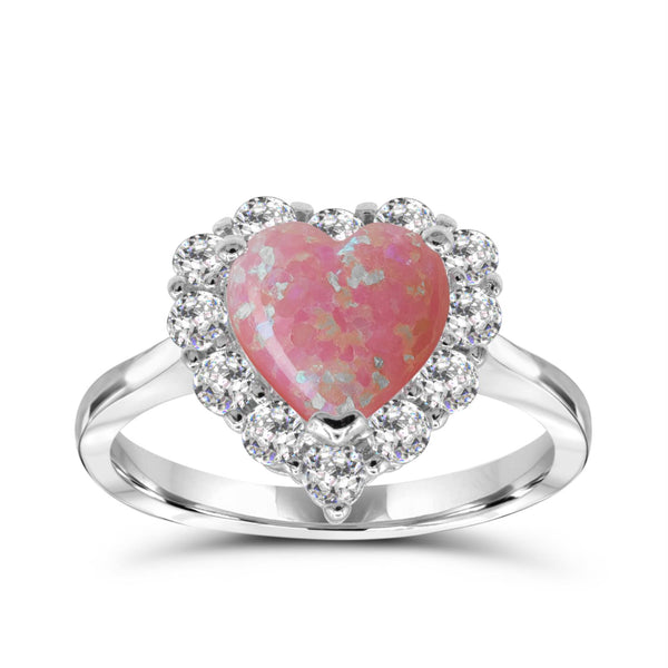 Created Pink Opal and White Sapphire Ring in Sterling Silver