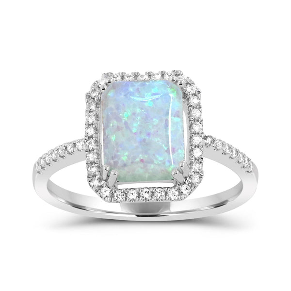 9X7MM Created Opal and White Sapphire Ring in Sterling Silver