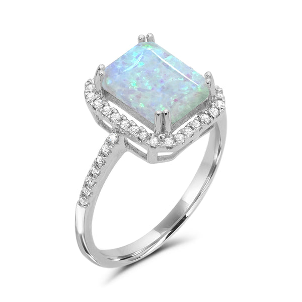 9X7MM Created Opal and White Sapphire Ring in Sterling Silver