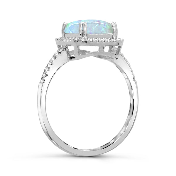 9X7MM Created Opal and White Sapphire Ring in Sterling Silver