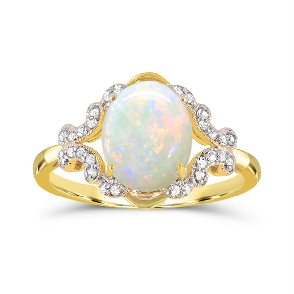 10X8MM Created Opal and White Sapphire Ring in Gold Plated Sterling Silver. Size 7
