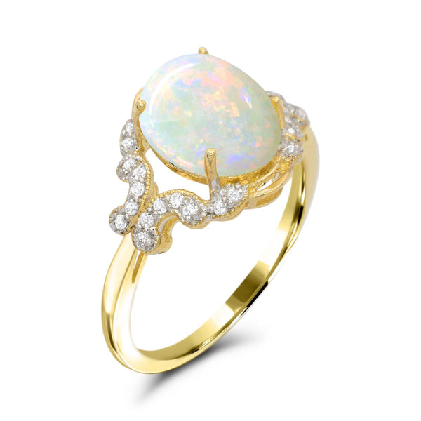 10X8MM Created Opal and White Sapphire Ring in Gold Plated Sterling Silver. Size 7