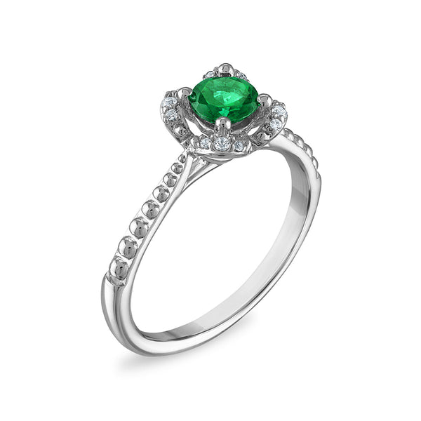 5MM Round Emerald and White Sapphire Birthstone Flower Halo Ring in Sterling Silver