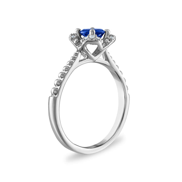 5MM Round Sapphire and White Sapphire Birthstone Flower Halo Ring in Sterling Silver