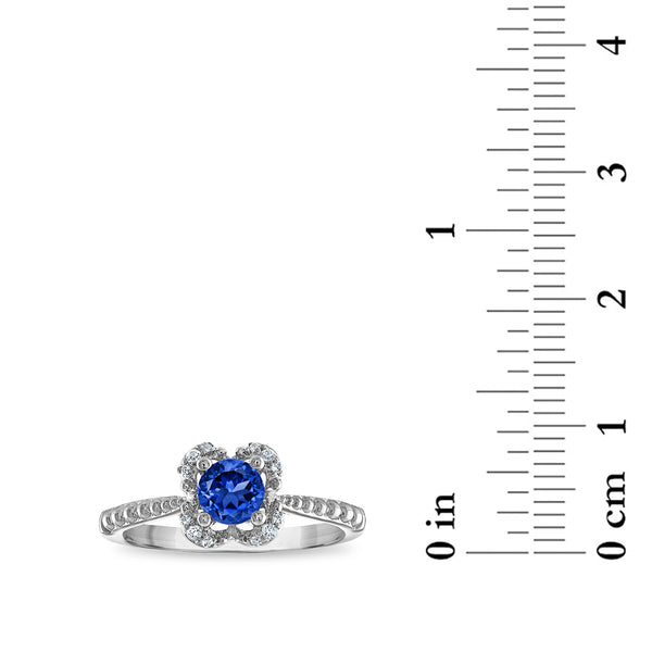 5MM Round Sapphire and White Sapphire Birthstone Flower Halo Ring in Sterling Silver