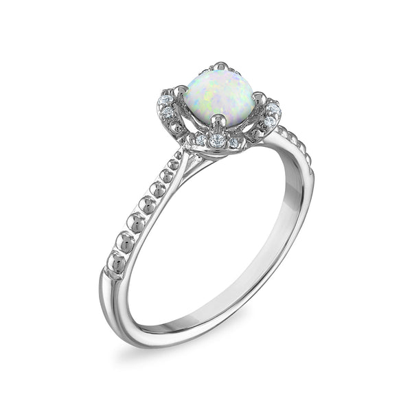 5MM Round Opal and White Sapphire Birthstone Flower Halo Ring in Sterling Silver